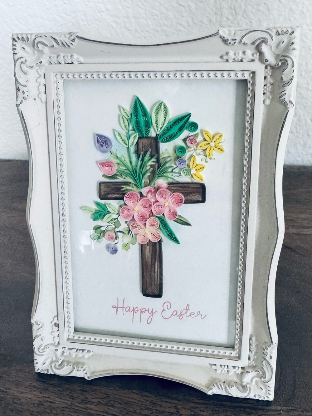Happy Easter Quilling Card Art Framed Floral Cross Shabby Chic Spring Decor
